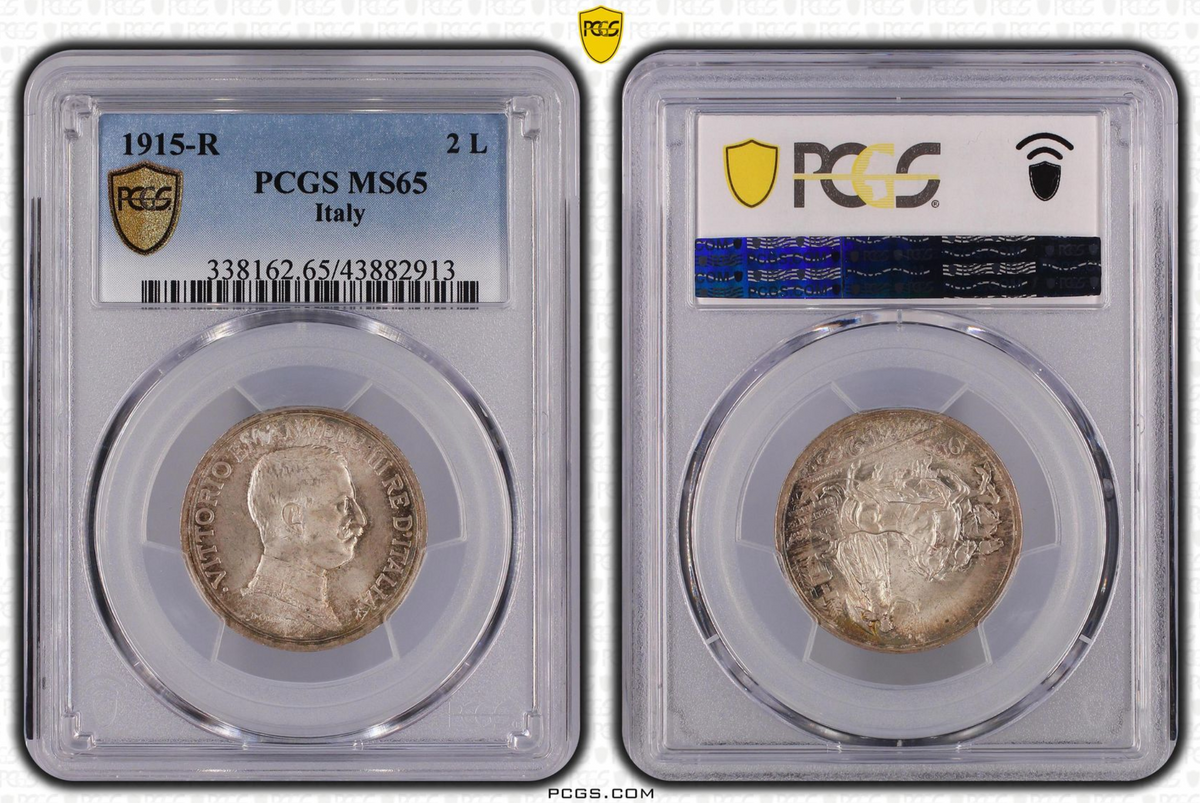 1916年R イタリア🇮🇹 2リレ 銀貨 エマヌエレ3世 クァドリガ NGC MS65