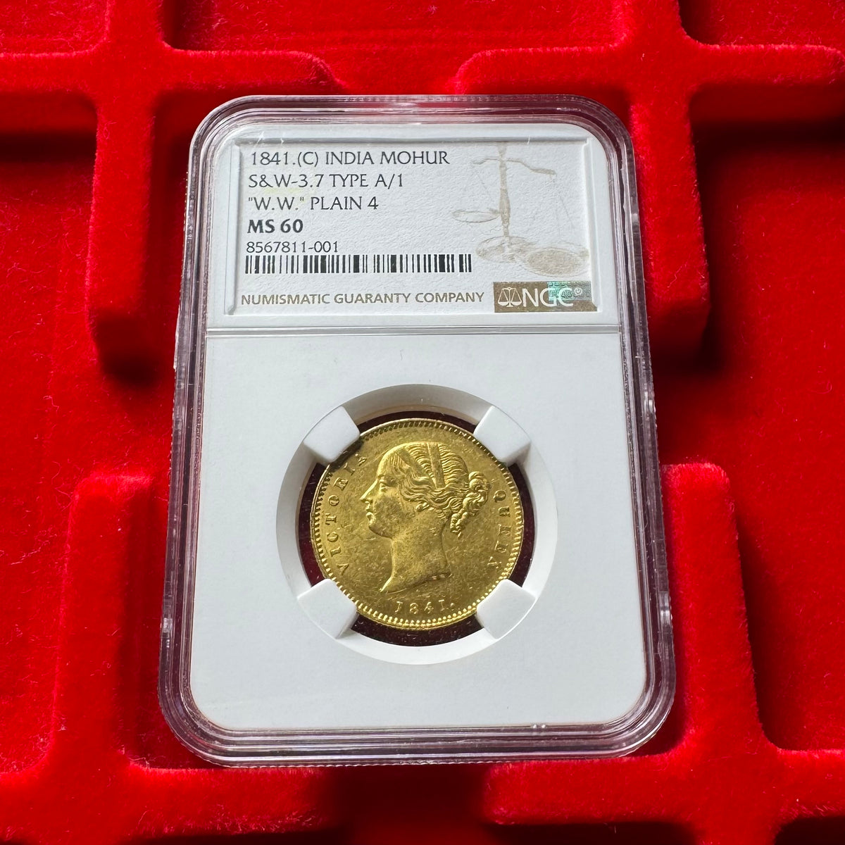 1841年 英領🇬🇧インド モハール金貨 ヴィクトリア女王 NGC MS60 