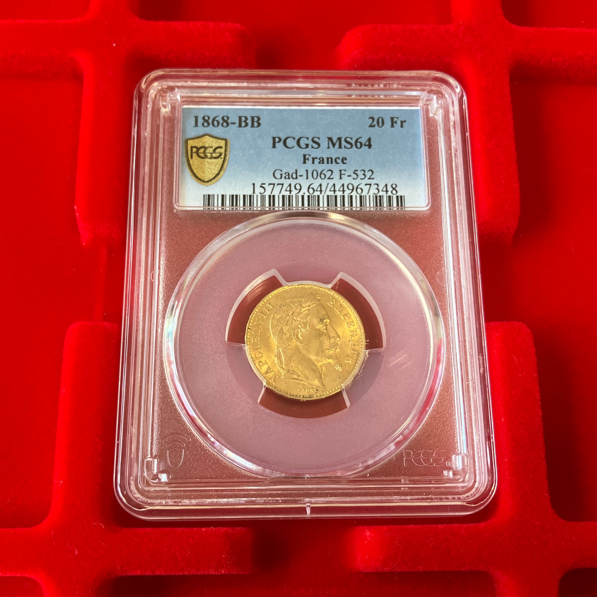 SOLD】1868年BB フランス ナポレオン3世 20フラン金貨 MS64 PCGS 