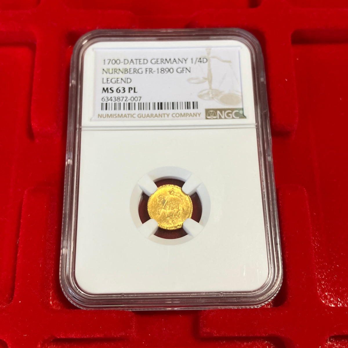 SOLD】1700年 ドイツ ニュンベルク 1/4ラムダカット金貨 GFN AV