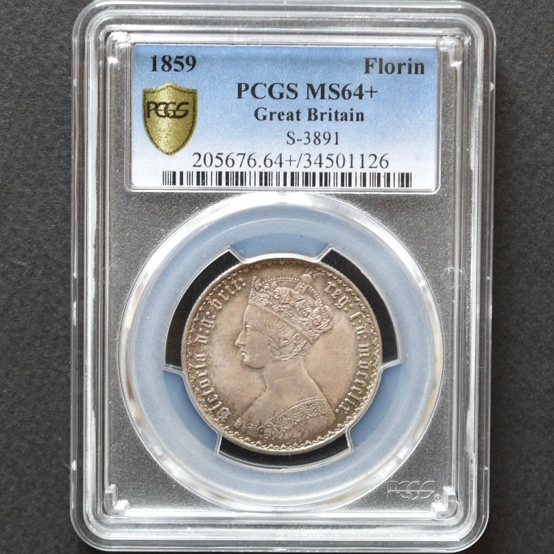 SOLD】1859年 イギリス ヴィクトリア ゴシック フローリン 銀貨 MS64+
