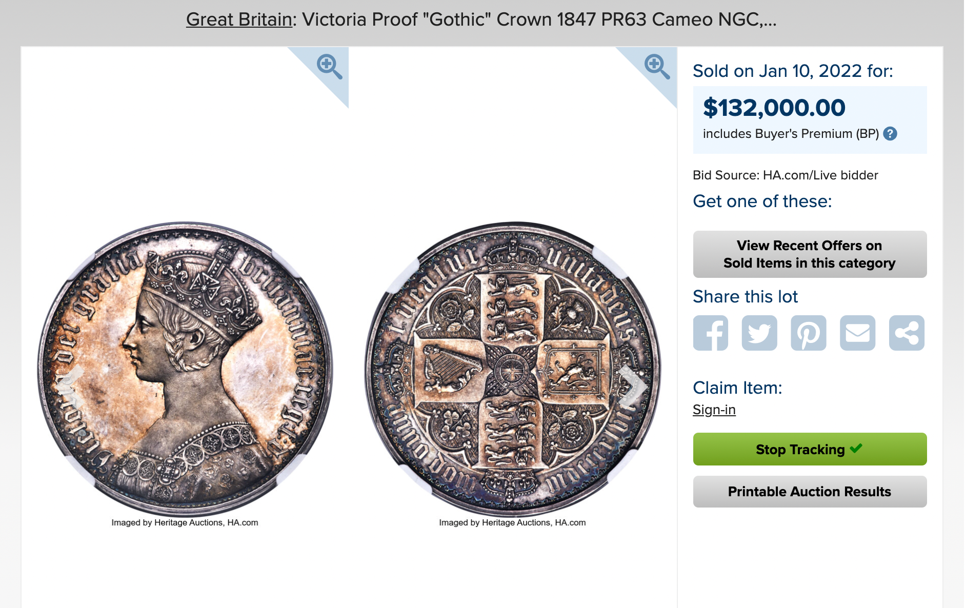 1847年ゴシッククラウン銀貨 過去最高額で落札 – FIRST SOVEREIGN