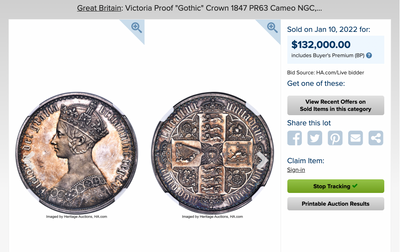 1847年ゴシッククラウン銀貨 過去最高額で落札