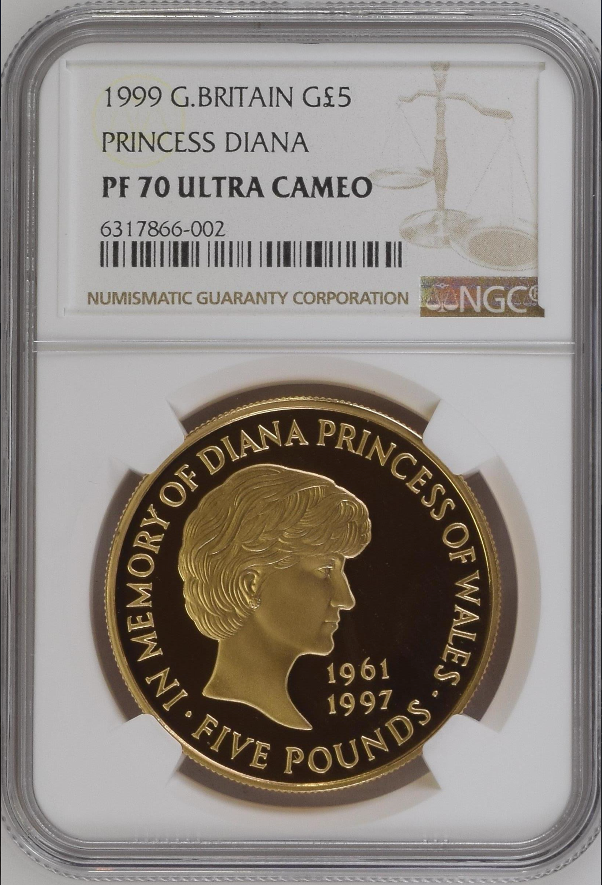 SOLD】1999年 英国 ダイアナ妃追悼記念 5ポンド金貨 PF70UCAM 最高鑑定 SOLD】1999年 英国 ダイアナ妃追悼記念 5ポンド金貨 PF70UCAM 最高鑑定