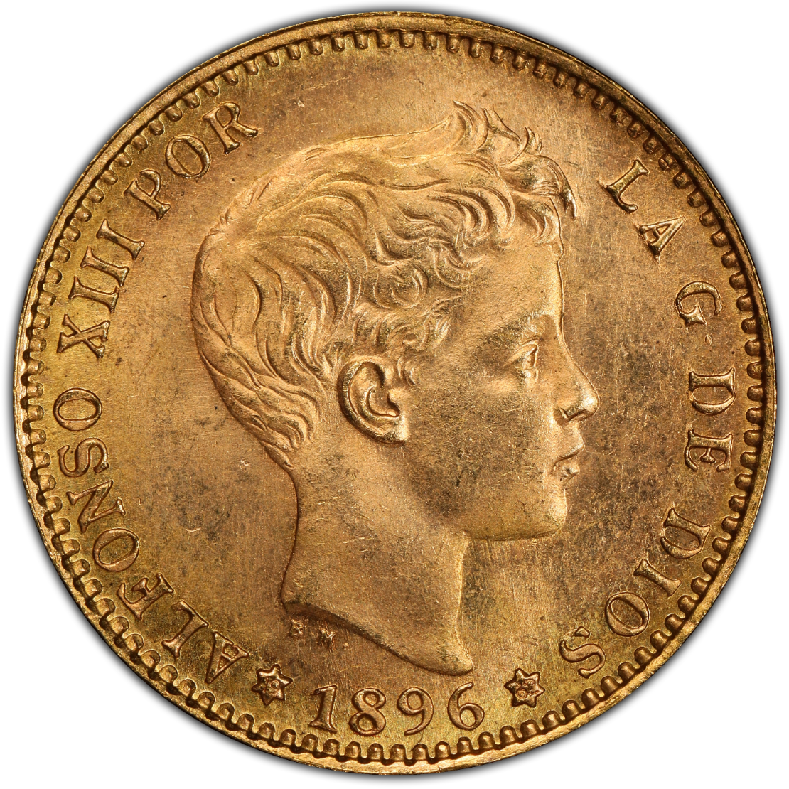 1896年(62) スペイン アルフォンソ13世 20ペセタ金貨 MS65 PCGS