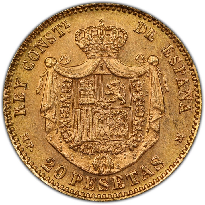 1896年(62) スペイン アルフォンソ13世 20ペセタ金貨 MS65 RESTRIKE PCGS – FIRST SOVEREIGN