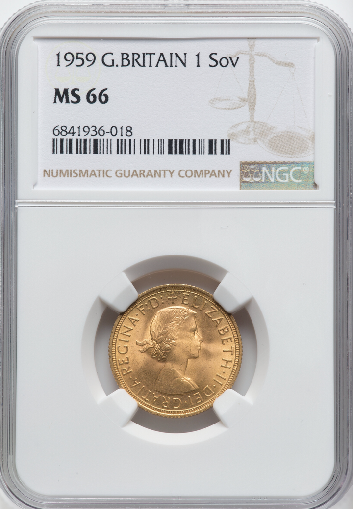 1959年 英国 エリザベス2世 ヤングヤング ソブリン金貨 MS66 – FIRST SOVEREIGN