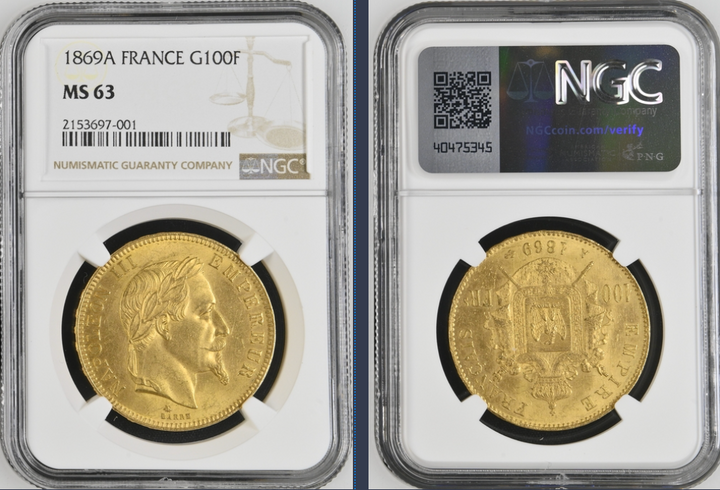 SOLD 1869年A フランス🇫🇷 ナポレオン3世 100フラン金貨 MS63 NGC SOLD 1869年A フランス🇫🇷 ナポレオン3世 100フラン金貨 MS63 NGC