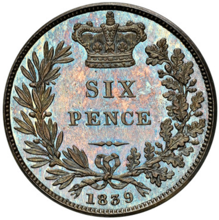 1839年 英国🇬🇧 ヴィクトリア女王 6ペンス銀貨 PF67CAMEO Top