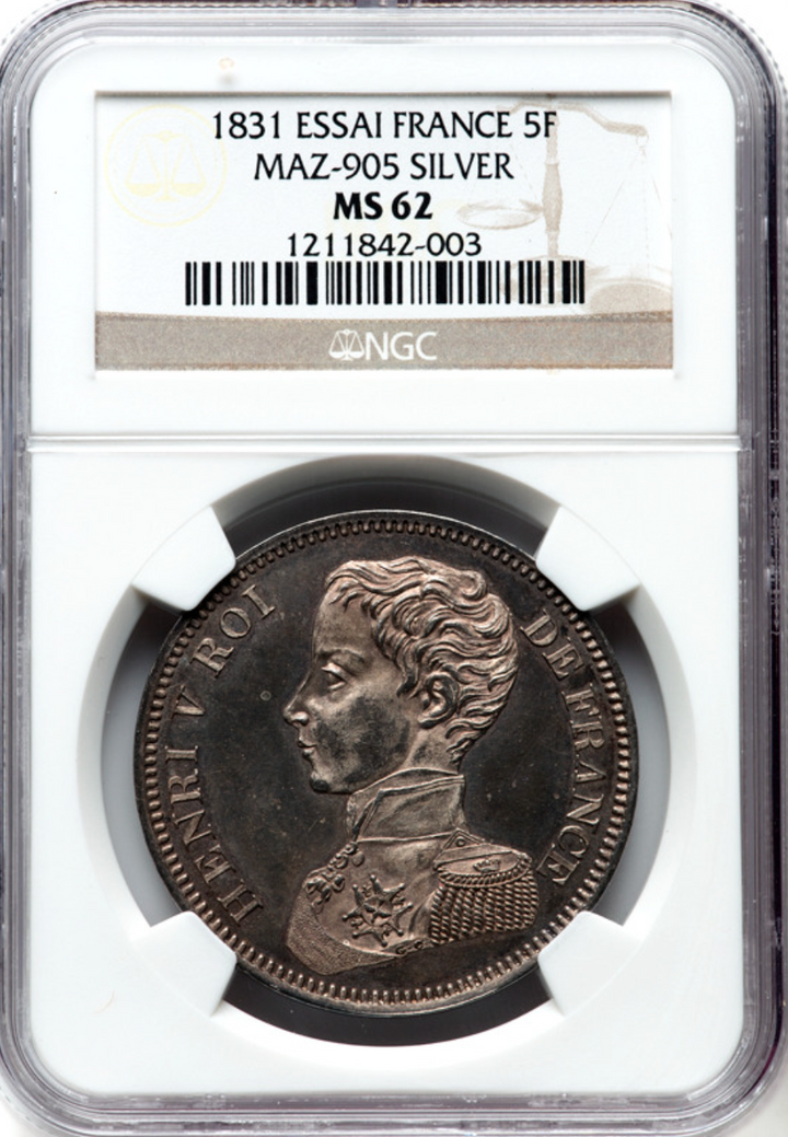 1831年 フランス🇫🇷 アンリ5世 パターン 5フラン銀貨 NGC MS62 1831年 フランス🇫🇷 アンリ5世 パターン 5フラン銀貨 NGC MS62