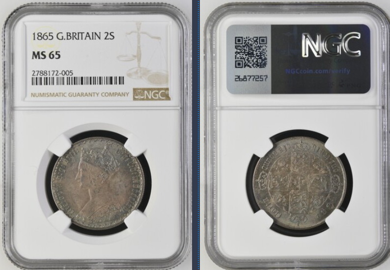 1865年 英国🇬🇧 ゴシックフローリン銀貨 MS65 トーン Top Pop