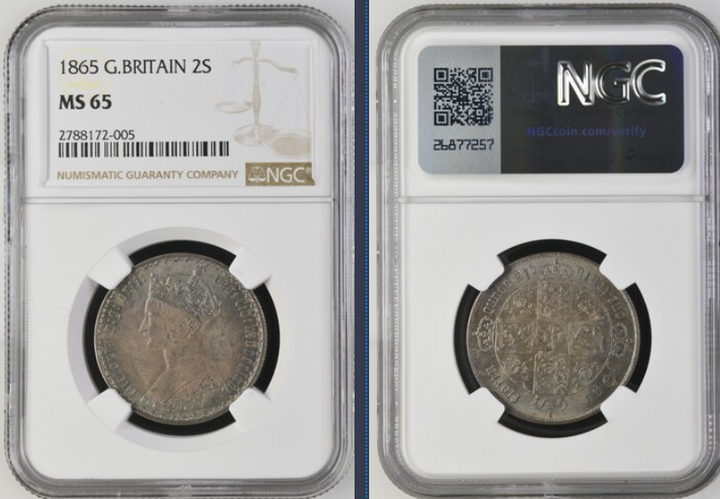 SOLD】1865年 英国🇬🇧 ゴシックフローリン銀貨 MS65 トーン Top Pop SOLD】1865年 英国🇬🇧 ゴシックフローリン銀貨 MS65 トーン Top Pop
