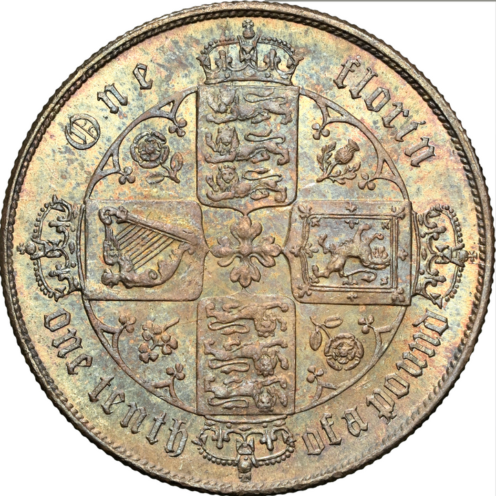SOLD】1865年 英国🇬🇧 ゴシックフローリン銀貨 MS65 トーン Top Pop SOLD】1865年 英国🇬🇧 ゴシックフローリン銀貨 MS65 トーン Top Pop