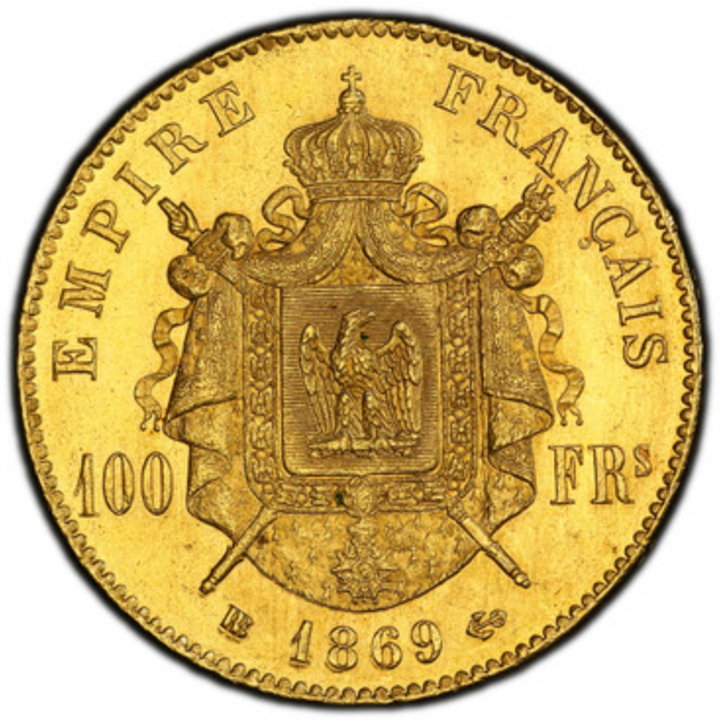 1869年BB フランス ナポレオン3世 有冠 100フラン金貨 MS63 PCGS