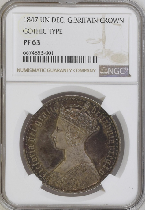 1847年 英国🇬🇧 ゴシッククラウン銀貨 UN DEC. NGC PF63 トーン