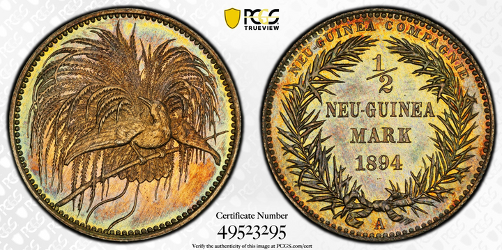 SOLD】1894年A ドイツ領ニューギニア🇩🇪 極楽鳥 1/2マルク銀貨 PR65 SOLD】1894年A ドイツ領ニューギニア🇩🇪 極楽鳥 1/2マルク銀貨 PR65
