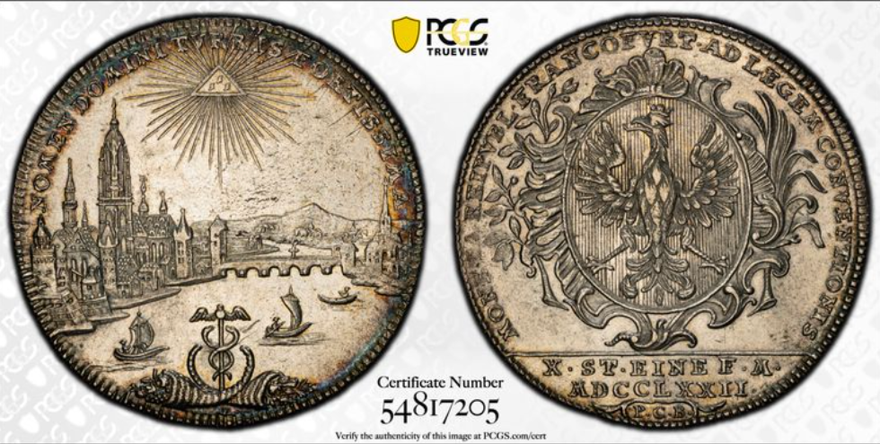 1722年 ドイツ🇩🇪 フランクフルト ターラー銀貨 PCGS MS62 都市景観 1722年 ドイツ🇩🇪 フランクフルト ターラー銀貨 PCGS MS62 都市景観