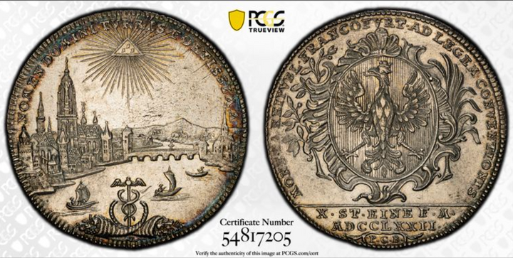 1722年 ドイツ🇩🇪 フランクフルト ターラー銀貨 PCGS MS62 都市景観 1722年 ドイツ🇩🇪 フランクフルト ターラー銀貨 PCGS MS62 都市景観