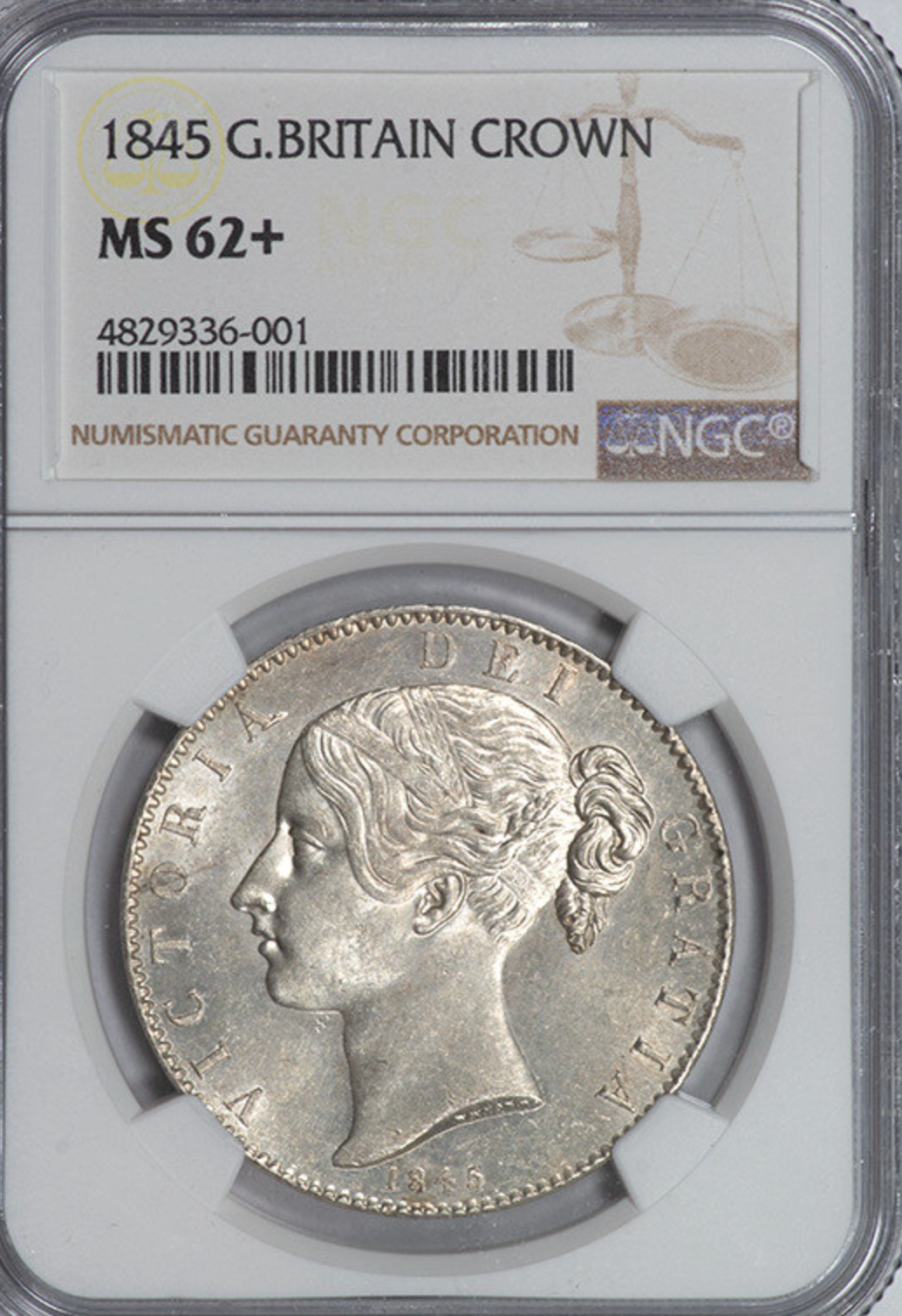 1845年 英国🇬🇧 ヴィクトリア女王 クラウン銀貨 ヤングヘッド NGC
