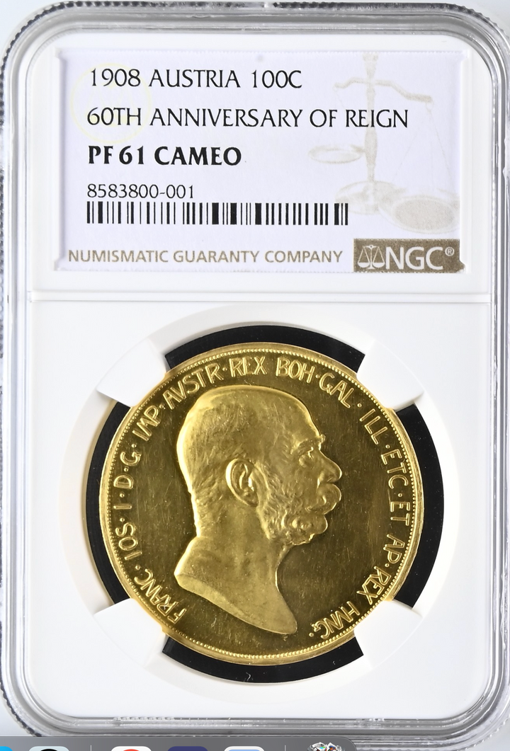 1908年 オーストリア🇦🇹 フランツヨーゼフ1世 100コロナ金貨 雲上の 1908年 オーストリア🇦🇹 フランツヨーゼフ1世 100コロナ金貨 雲上の