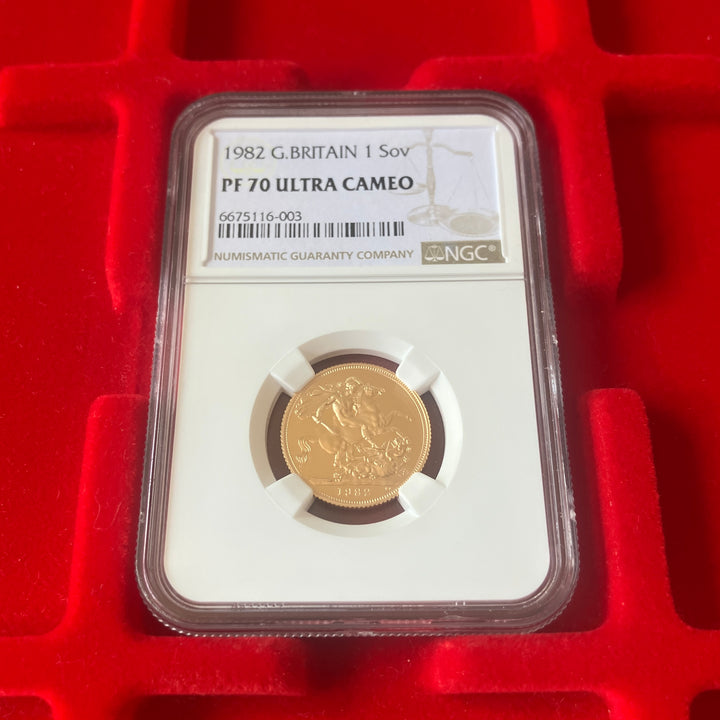 SOLD】1982年 英国 ヤングエリザベス ソブリン金貨 プルーフ PF70UCAM 最高鑑定 – FIRST SOVEREIGN