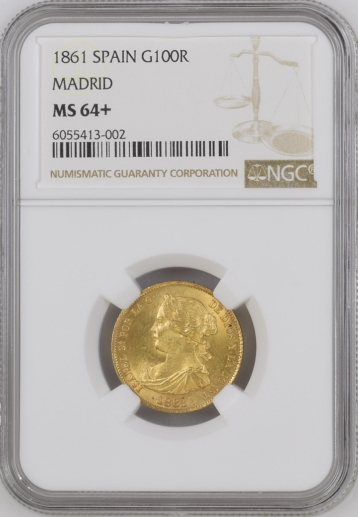 SOLD】1861年 スペイン イサベル2世 100レアル 金貨 MS64+ – FIRST SOVEREIGN