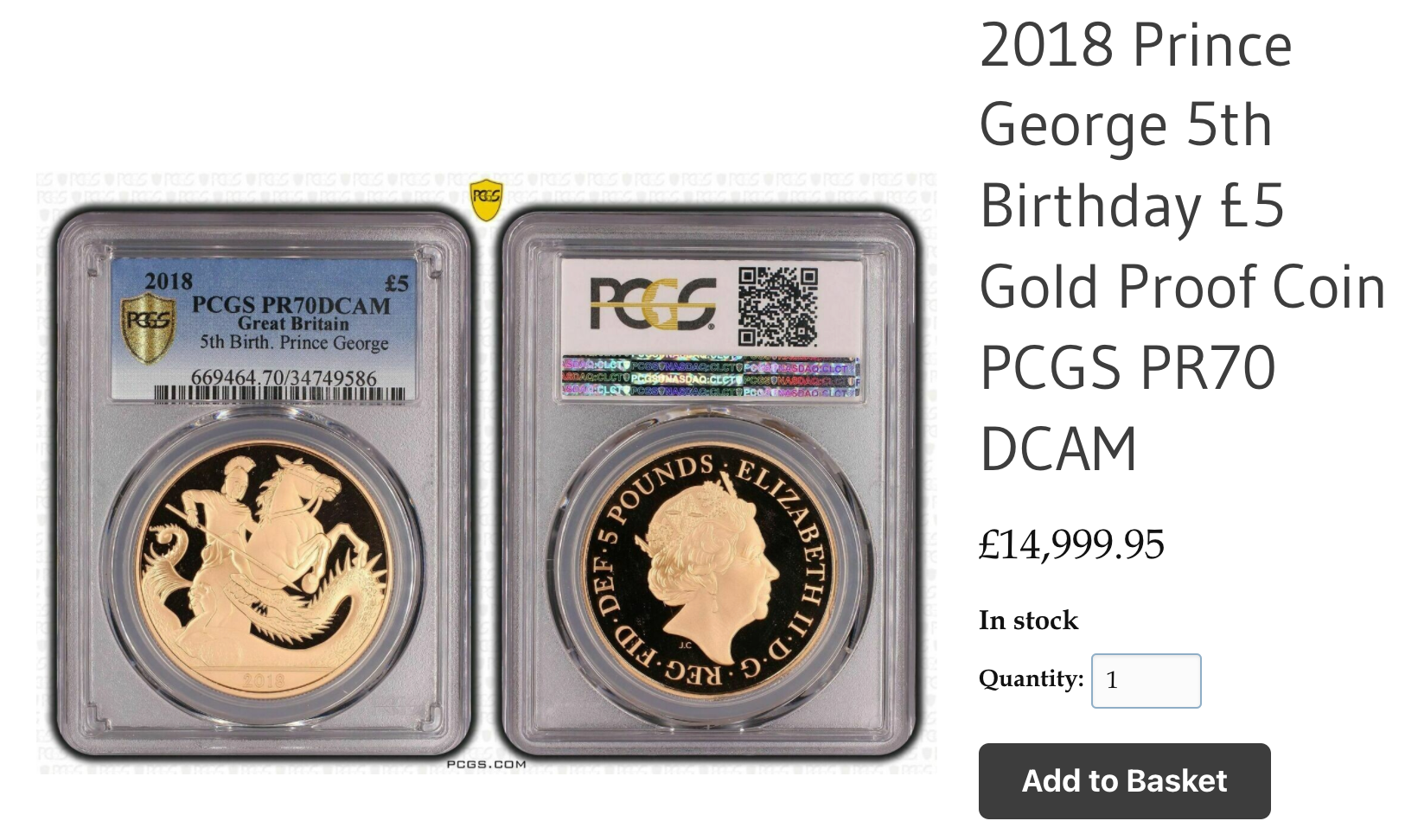 2018年 英国 ジョージ王子 生誕5年記念 5ポンド金貨 PF70UCAM PCGS 