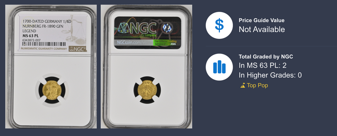 金消⚪︎ 1g×3=3g 東Y7-1010☆1F SOLD】1700年 ドイツ ニュンベルク 1/4ラムダカット金貨 GFN AV NGC