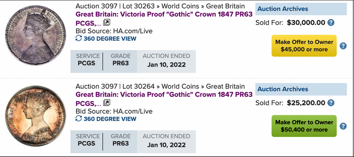 SOLD 1847年 英国 ゴシッククラウン銀貨 PF63 – FIRST SOVEREIGN