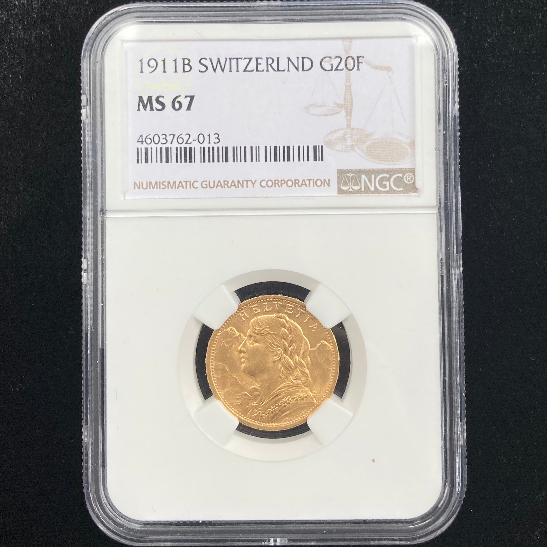 1911年B スイス ブレネリ 20フラン 金貨 MS67 最高鑑定 – FIRST SOVEREIGN