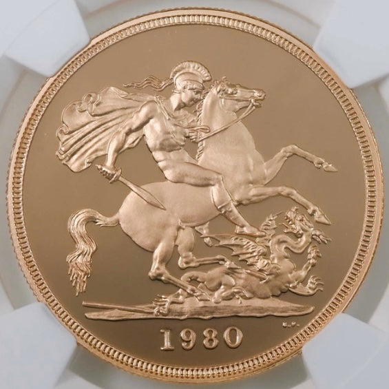 SOLD】1980年 英国 ヤングエリザベス 5ポンド金貨 PF70UCAM NGC