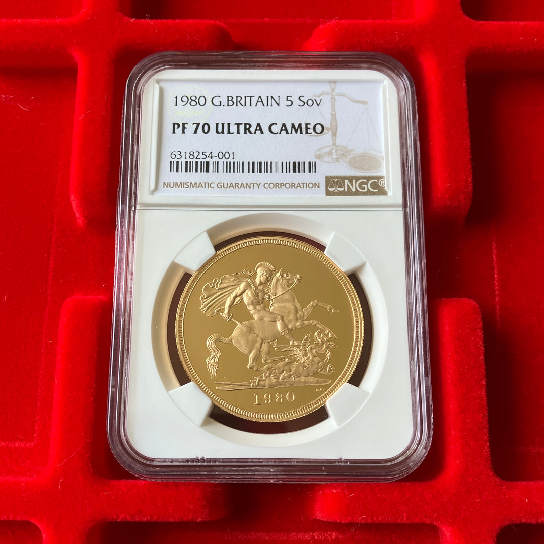 SOLD】1980年 英国 ヤングエリザベス 5ポンド金貨 PF70UCAM NGC 最高鑑定 – FIRST SOVEREIGN