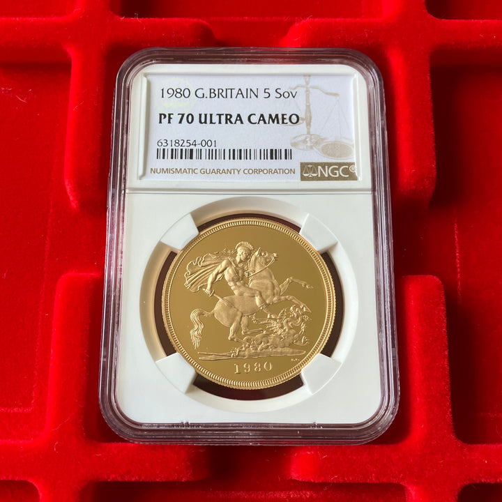 SOLD】1980年 英国 ヤングエリザベス 5ポンド金貨 PF70UCAM NGC