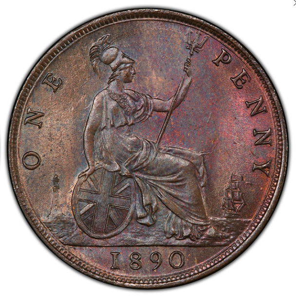 1890年 英国 ヴィクトリア女王 月桂冠 ペニー銅貨 MS64BN – FIRST SOVEREIGN